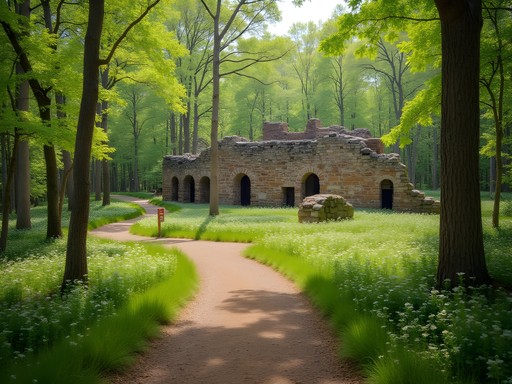 Stone ruins along Historic Van Winkle Trail with interpretive signage and spring wildflowers