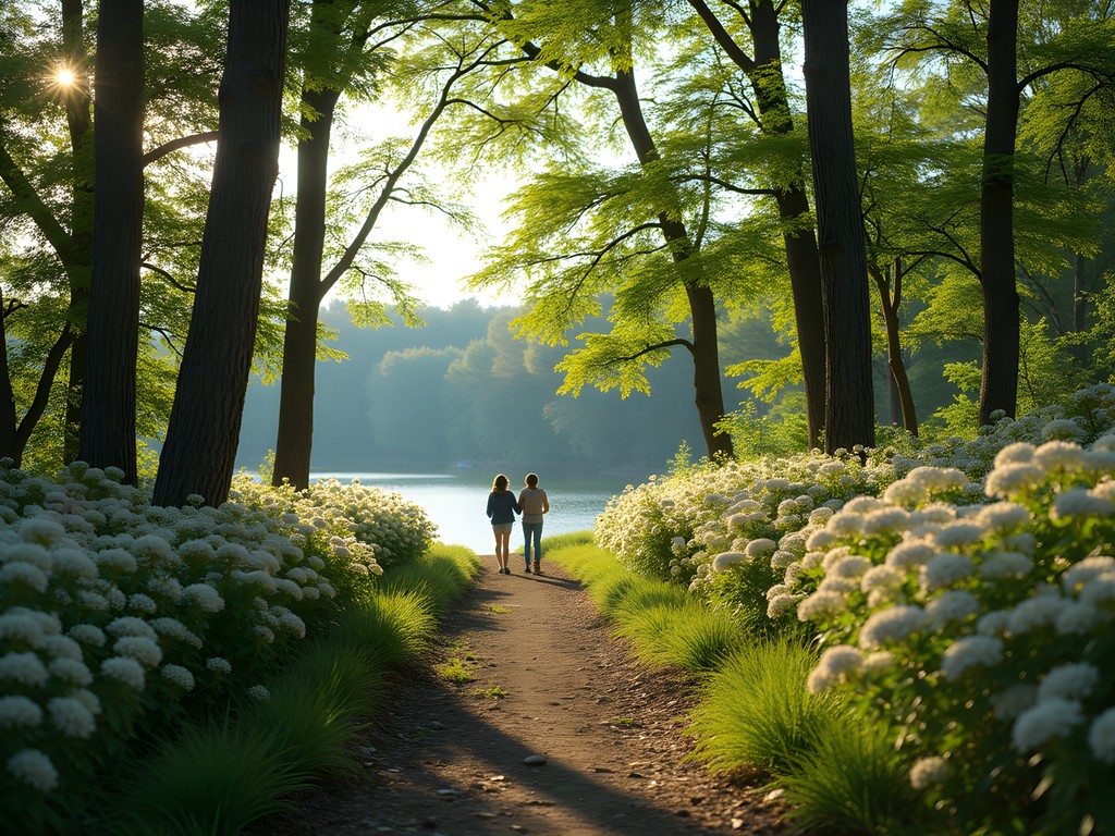 Family hiking along Lake Wedington Trail in spring with dogwoods blooming