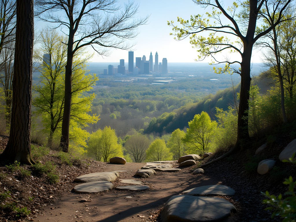 Family enjoying picnic at Mount Sequoyah overlook with Fayetteville skyline view