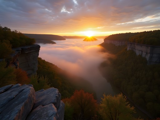Golden sunrise light over Buffalo River Valley from Goat Trail overlook