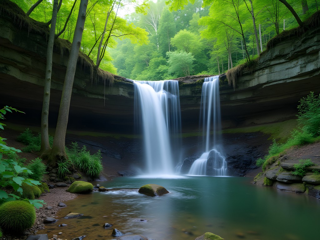 Sweden Creek Falls cascading through lush Ozark forest in spring