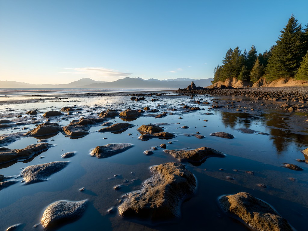 Tide pools at Dash Point State Park during low tide with Olympic Mountains in background