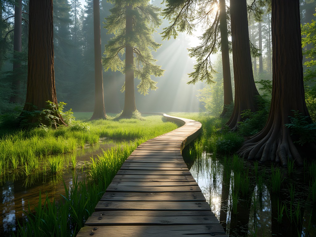 Wooden boardwalk winding through lush West Hylebos Wetlands in Federal Way