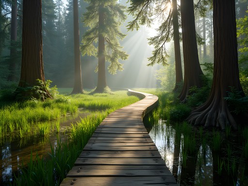 Wooden boardwalk winding through lush West Hylebos Wetlands in Federal Way