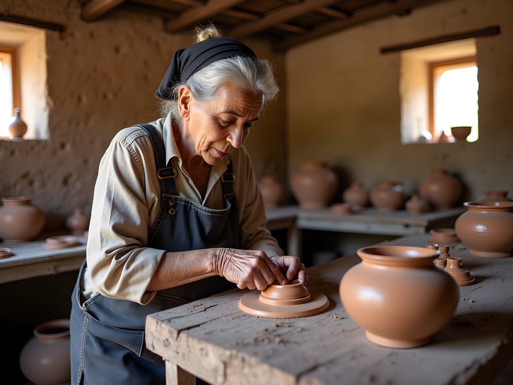 Traditional pottery workshop in Atlas foothills with artisan demonstrating clay preparation techniques