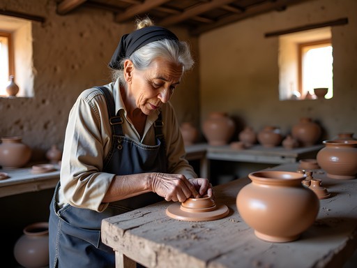 Traditional pottery workshop in Atlas foothills with artisan demonstrating clay preparation techniques