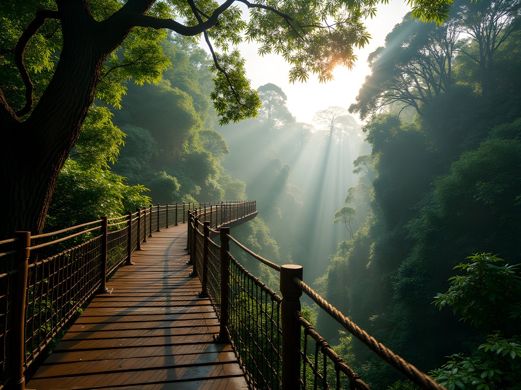 Elevated canopy walkway in Bobiri Forest Reserve near Kumasi with diverse forest layers visible