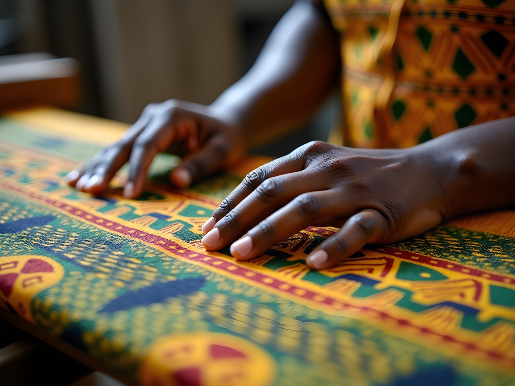 Close-up of traditional Kente weaving in Bonwire showing complex mathematical patterns and color relationships