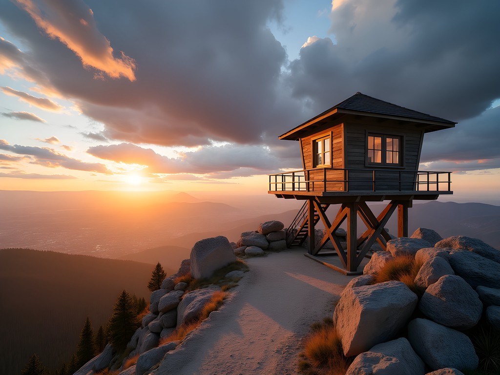 Fire lookout tower at Mount Elden summit with panoramic view of Flagstaff and San Francisco Peaks