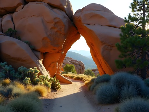 Hiker passing through narrow passage between massive volcanic boulders on Fatman's Loop Trail