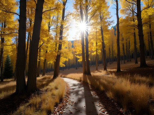 Golden aspen trees along Kachina Trail in Flagstaff during autumn with dappled sunlight