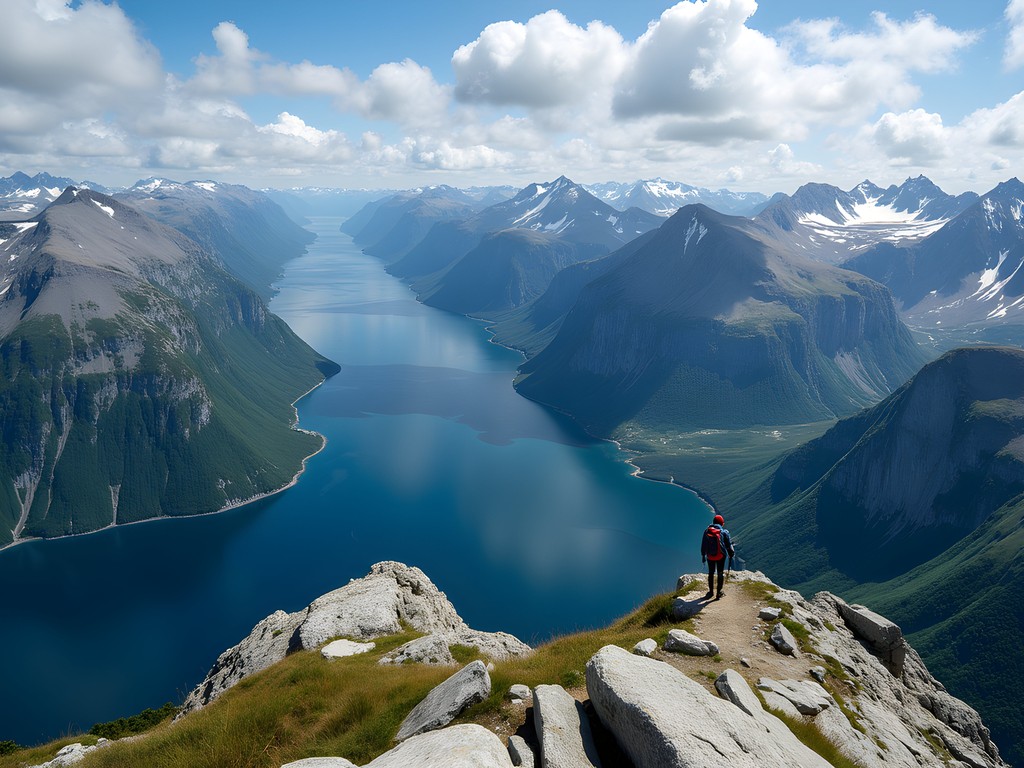 Panoramic view from Bakkanosi Ridge summit overlooking multiple Norwegian fjords