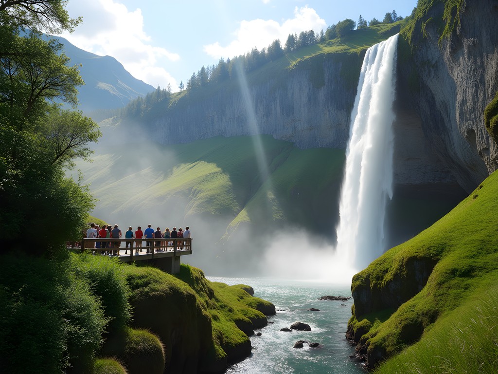 Hikers enjoying the view at Brekkefossen Waterfall in Flam
