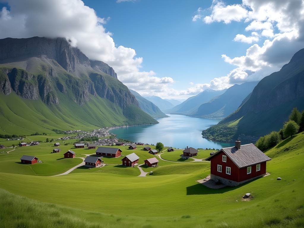 Panoramic view of Flam Valley showing sustainable farmland and fjord