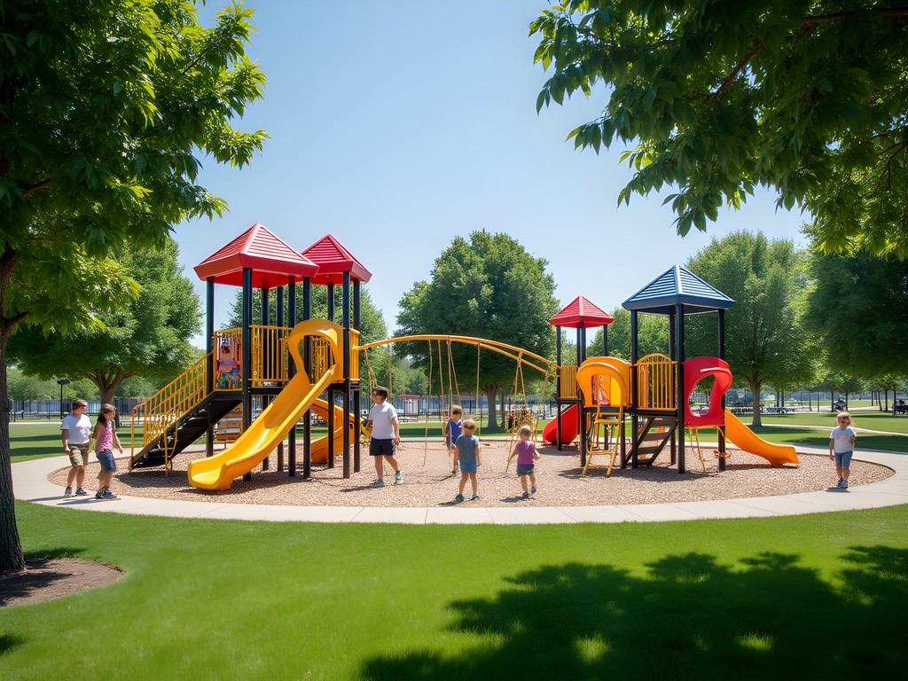 Modern playground equipment at Clemmons Park in Fremont with families enjoying the facilities