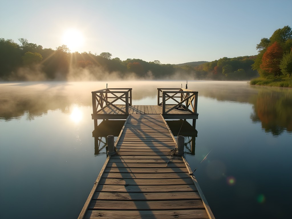Wooden fishing dock extending into one of the Fremont State Lakes with early morning mist rising from the water