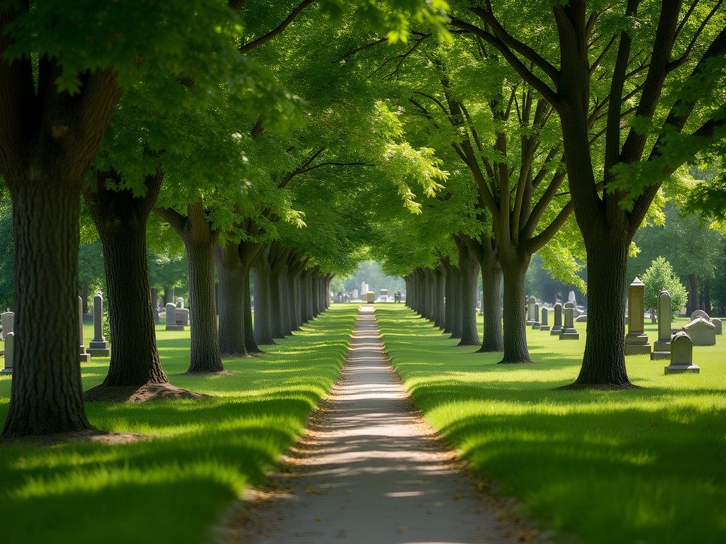 Tree-lined pathway of Ridge Cemetery Trail in Fremont with historic monuments visible among greenery