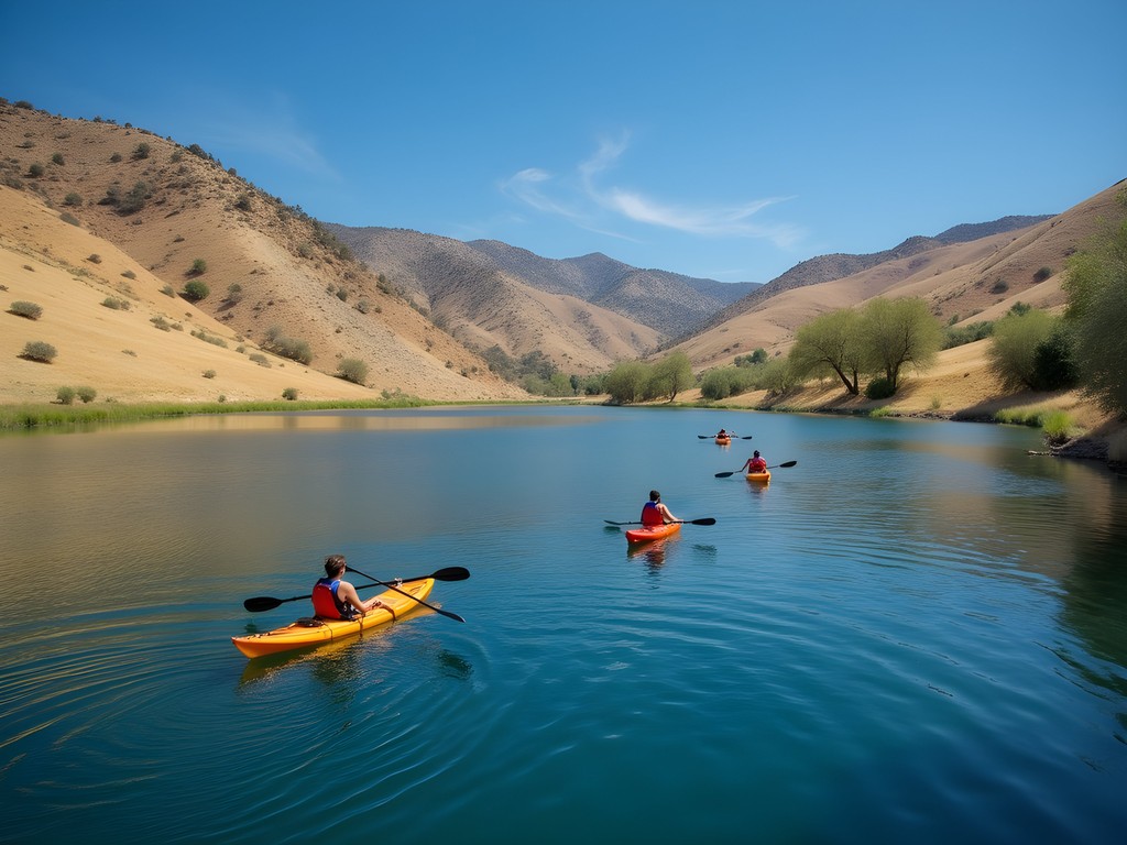 Group kayaking on Millerton Lake with golden hills in background