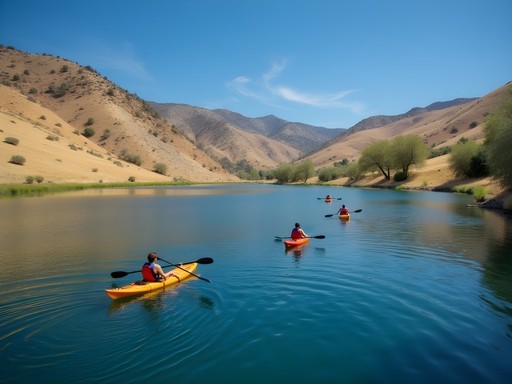 Group kayaking on Millerton Lake with golden hills in background