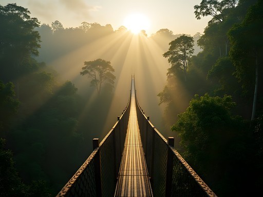 Rainforest canopy walkway at Iwokrama with morning mist rising