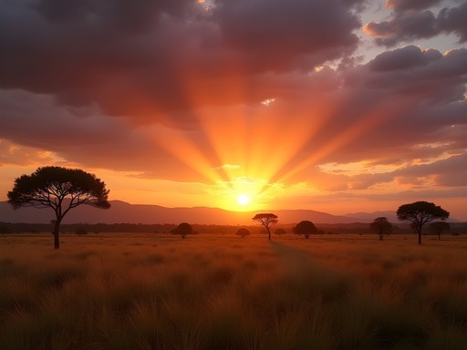 Dramatic sunset over the vast Rupununi Savannah with silhouetted trees