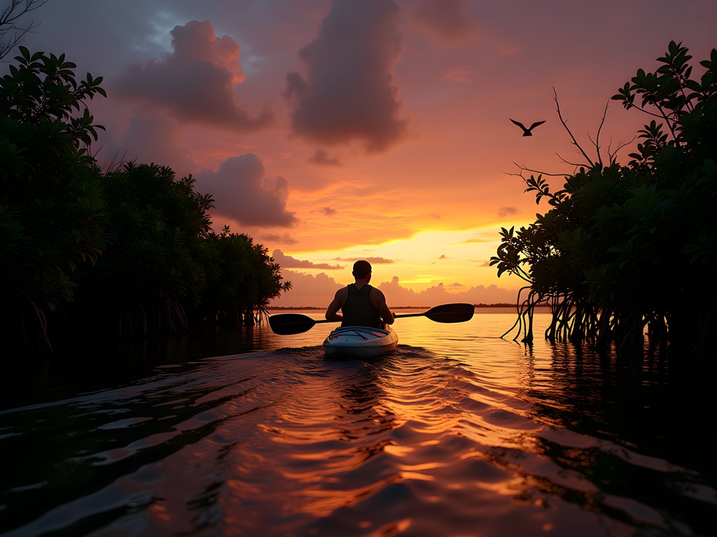 Kayaker paddling through mangroves at Shell Beach during sunset