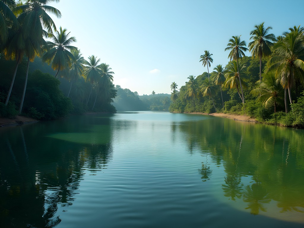 Arambol Sweet Water Lake surrounded by palm trees with clear freshwater in Goa