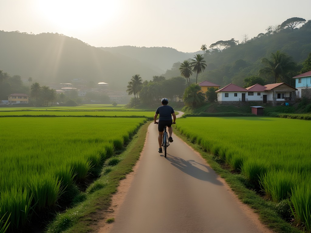 Cyclist on narrow road between rice paddies in rural Goa hinterland villages