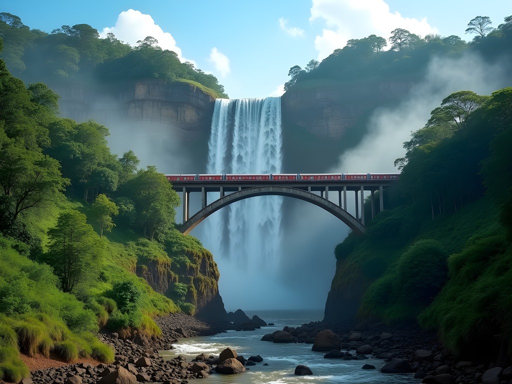 Dudhsagar Waterfall with railway bridge crossing in front of cascading water in Goa