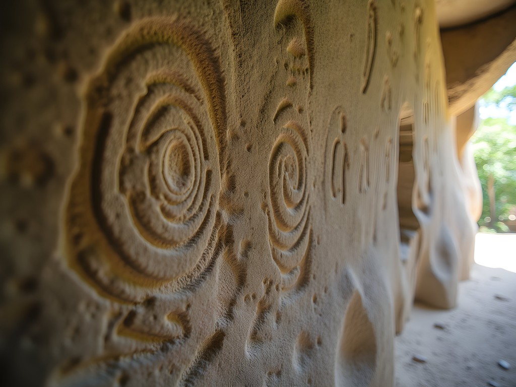 Ancient Taíno petroglyphs on limestone cave wall in El Yunque mountain
