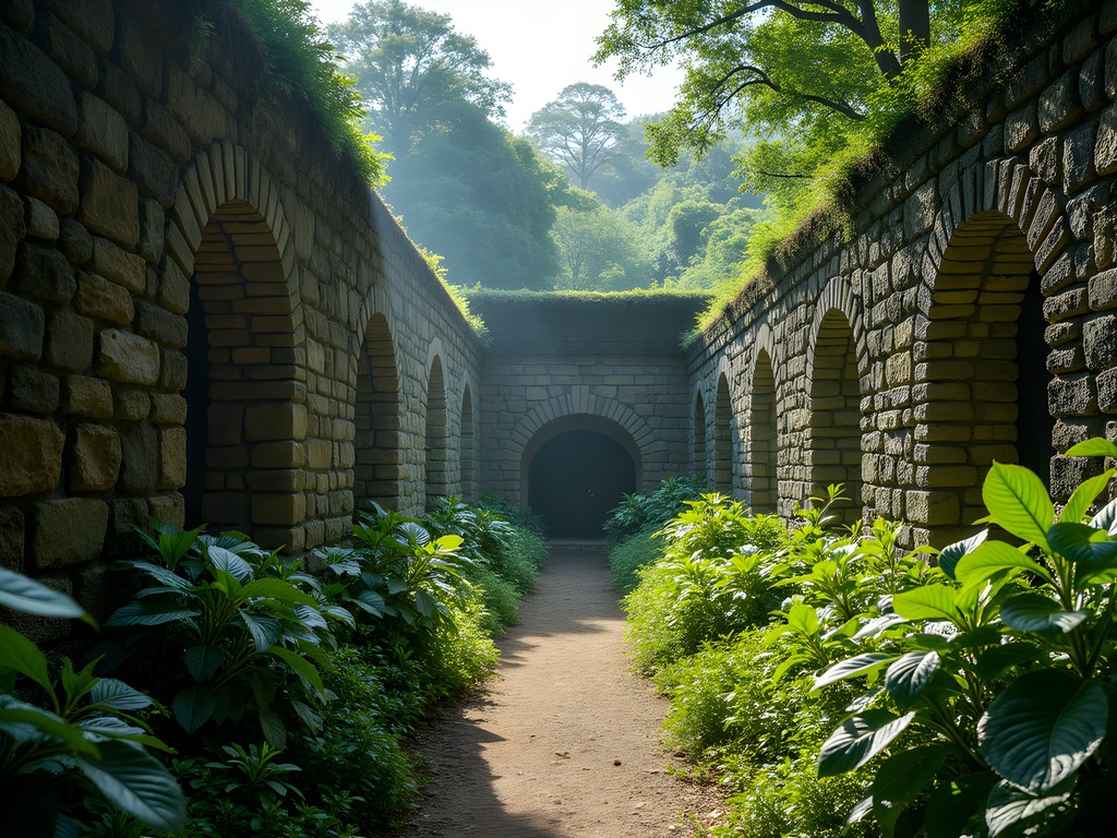 Overgrown stone ruins of 19th century coffee plantation in Guantánamo Province