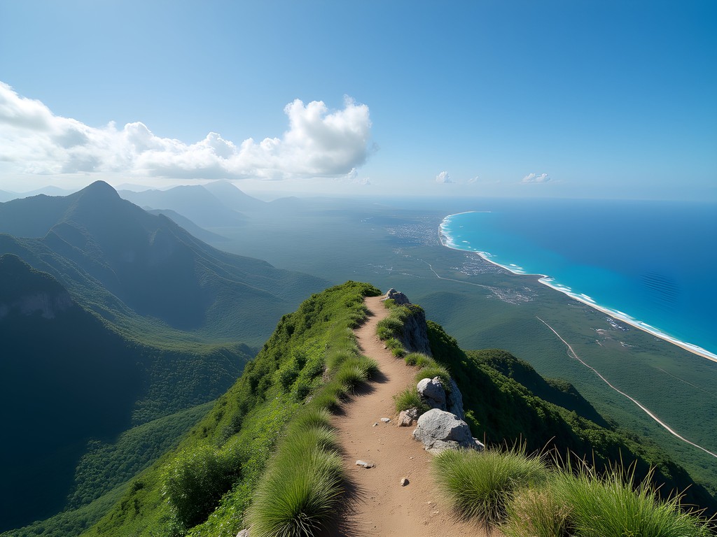 Panoramic view from La Gran Piedra summit showing mountains meeting Caribbean Sea