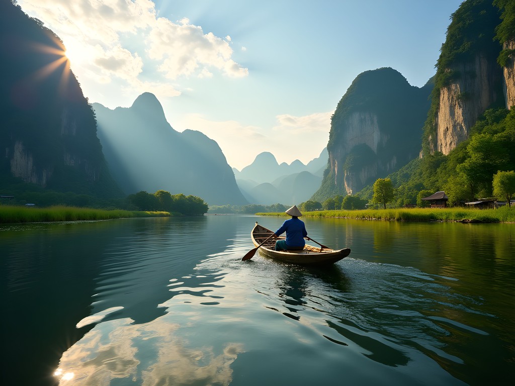 Traditional bamboo raft floating on the Yulong River surrounded by karst mountains in spring