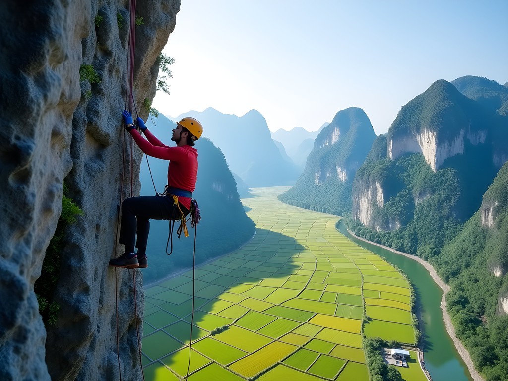 Rock climber scaling a dramatic limestone karst formation in Yangshuo with valley views below