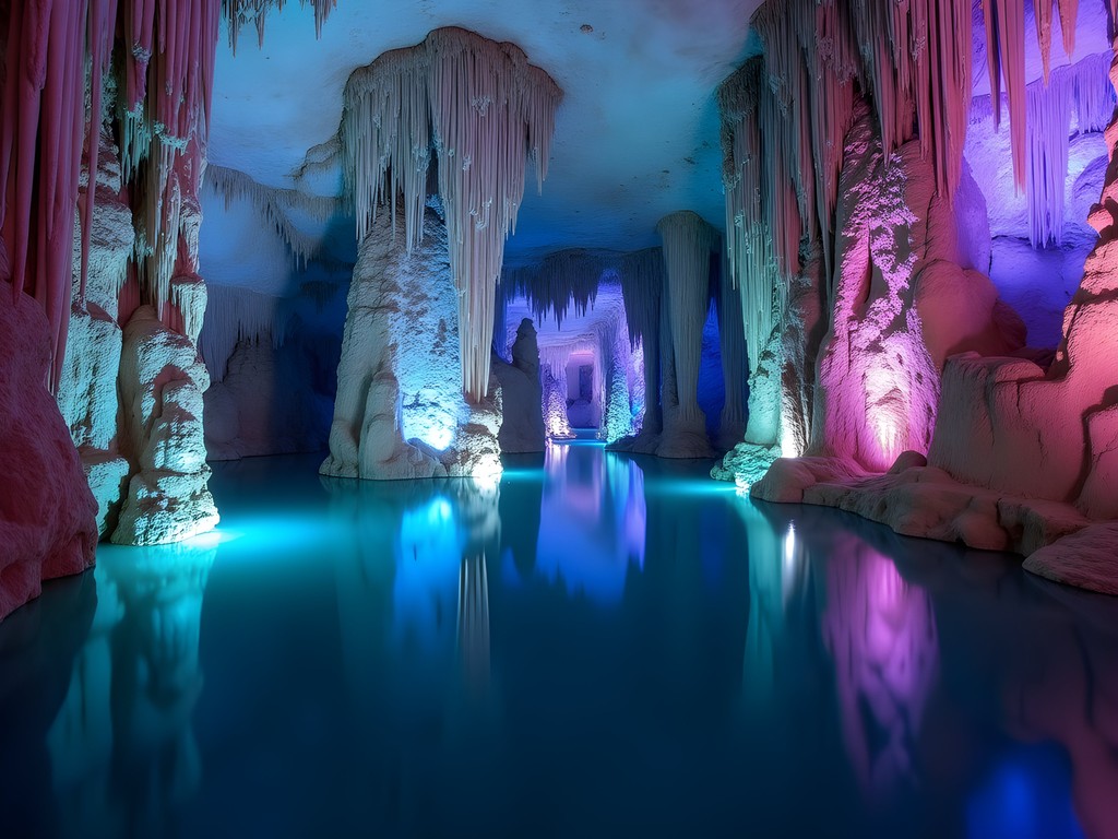 Dramatically illuminated stalactites and stalagmites in Reed Flute Cave, Guilin