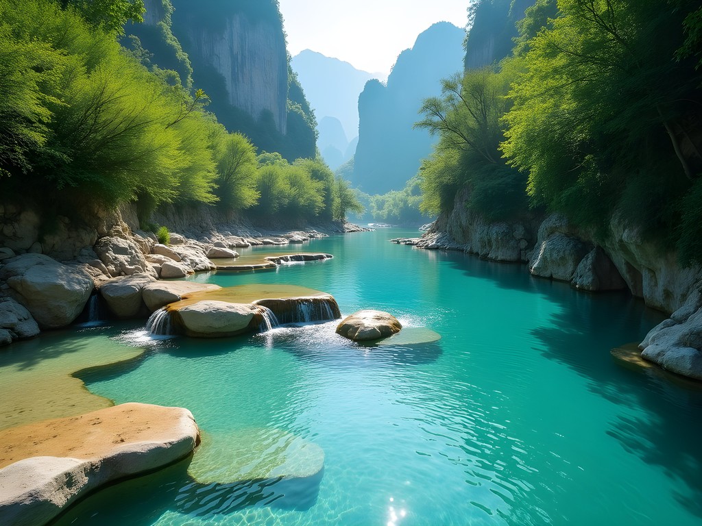 Crystal clear natural swimming pools at Wupai River surrounded by karst mountains and lush vegetation