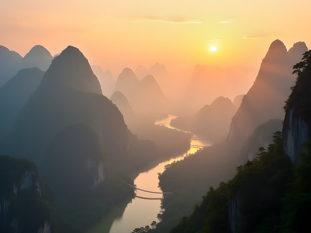 Sunrise view from Xianggong Mountain showing Li River winding between karst mountains with golden morning mist
