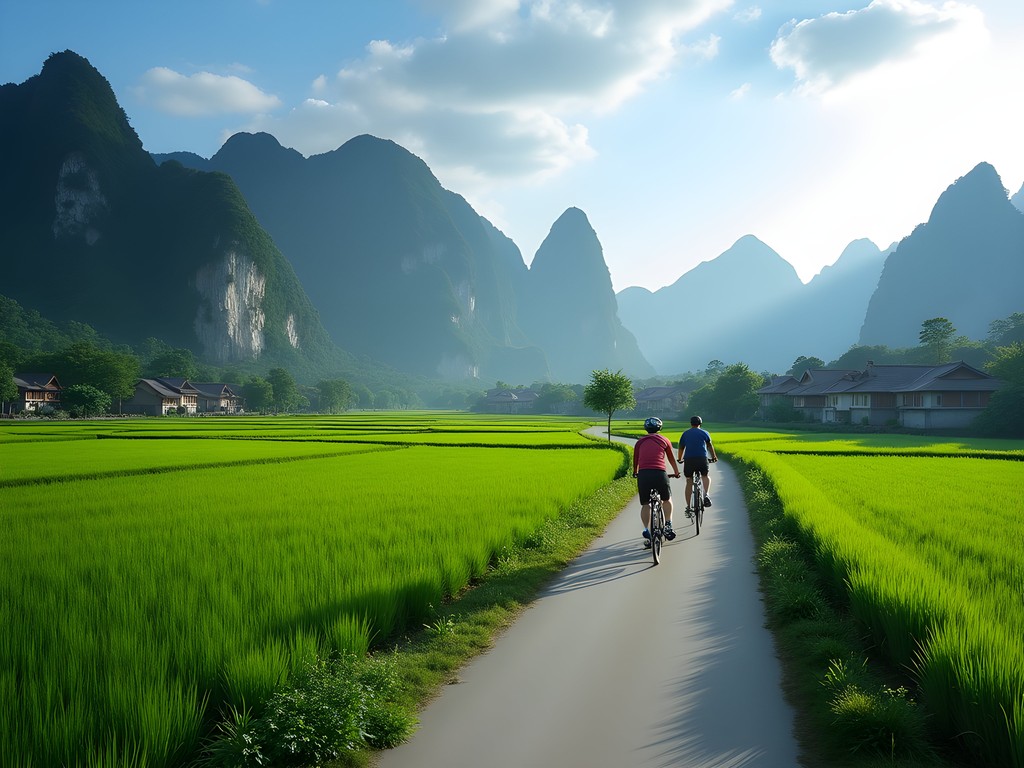 Cycling path through Yangshuo countryside with dramatic karst mountains and traditional Chinese farm fields