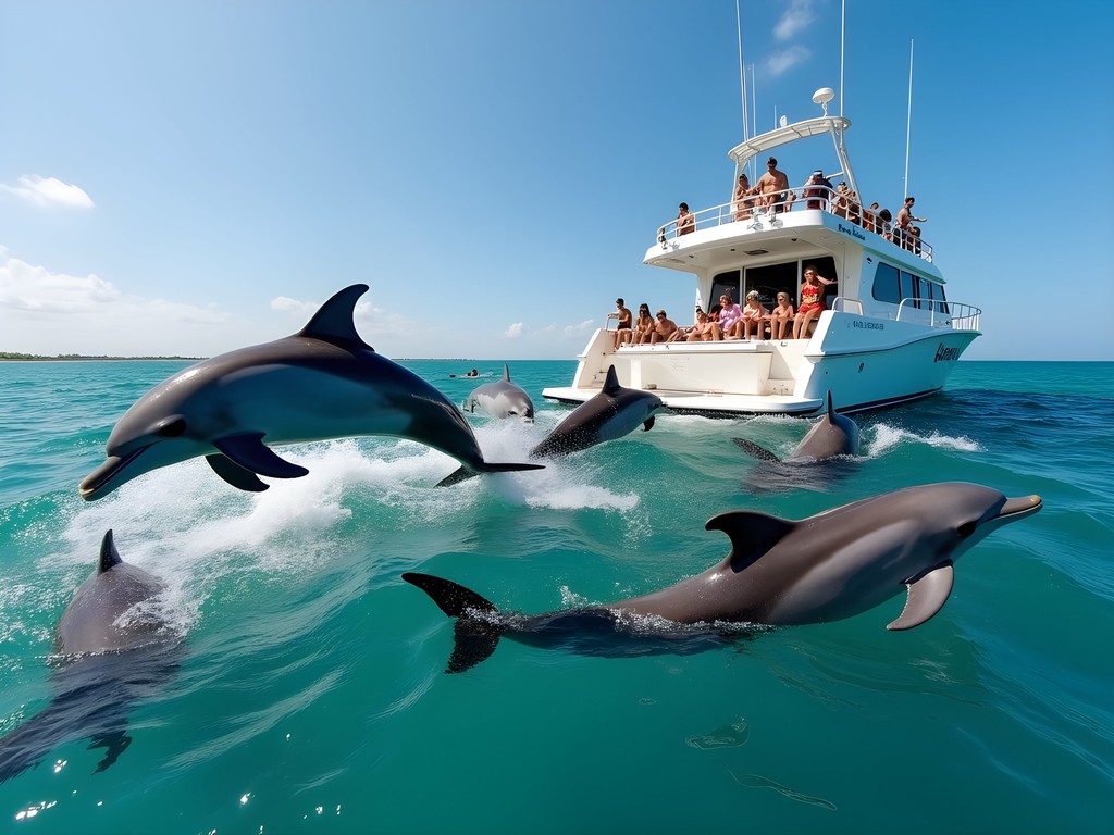 Pod of bottlenose dolphins swimming alongside tourist boat in Gulfport Mississippi Gulf waters