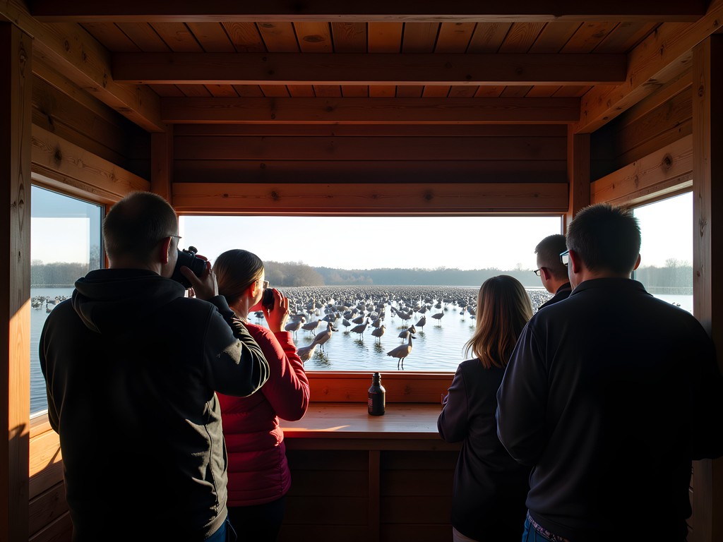 Bird watchers in wooden viewing blind photographing Sandhill Cranes on Platte River