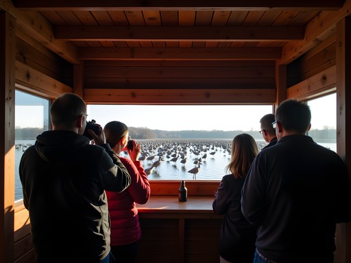 Bird watchers in wooden viewing blind photographing Sandhill Cranes on Platte River