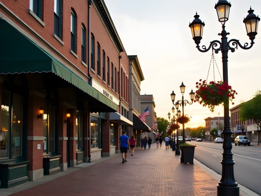 Historic downtown Hastings Nebraska with brick buildings and shops