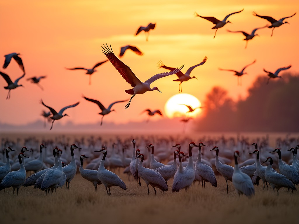 Large flock of Sandhill Cranes feeding in cornfield at sunset near Platte River
