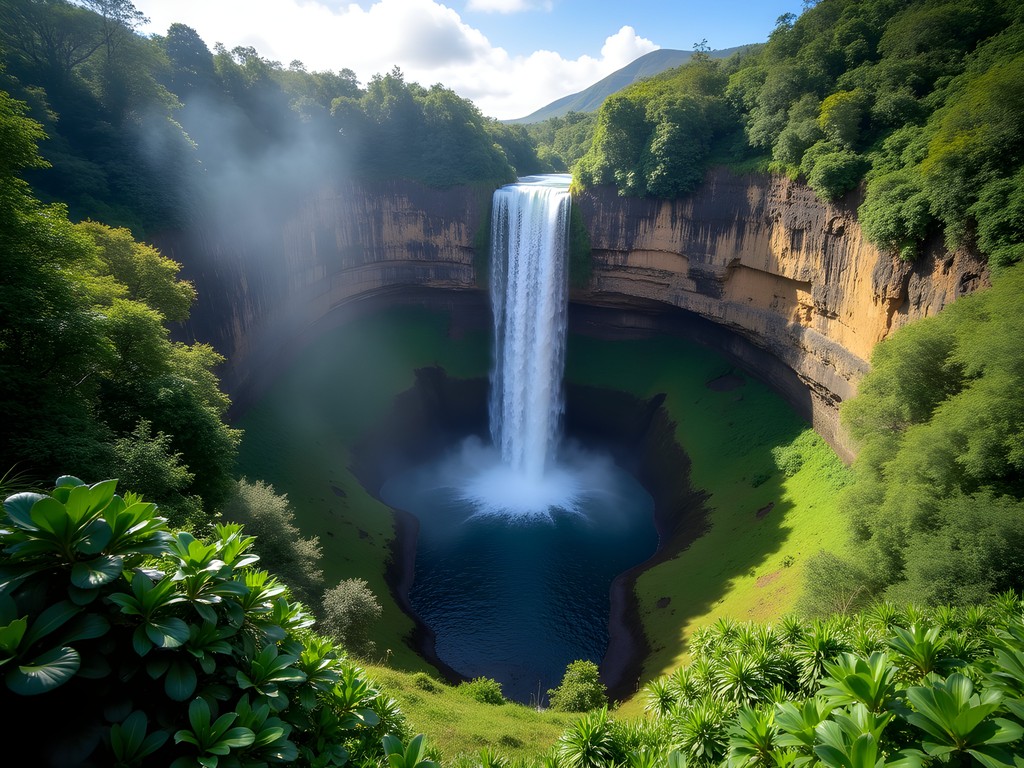 Panoramic view of 442-foot Akaka Falls with lush tropical surroundings