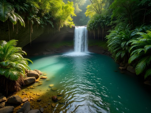 Secluded waterfall and swimming hole surrounded by lush Hawaiian vegetation