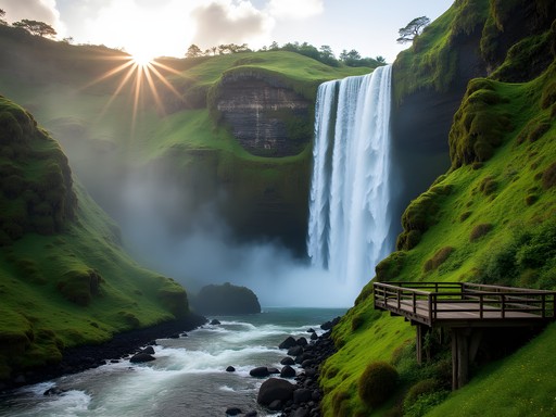Man at Umauma Falls overlook viewing the triple-tiered waterfall