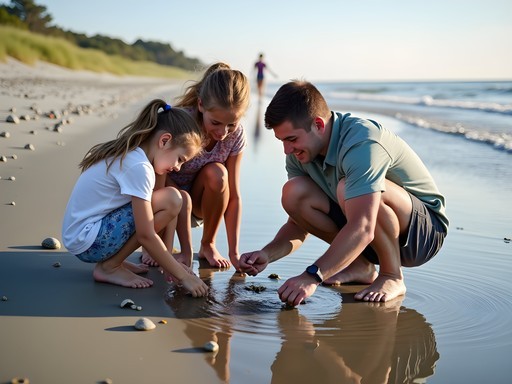 Family exploring tidal pools on Hilton Head beach with naturalist guide