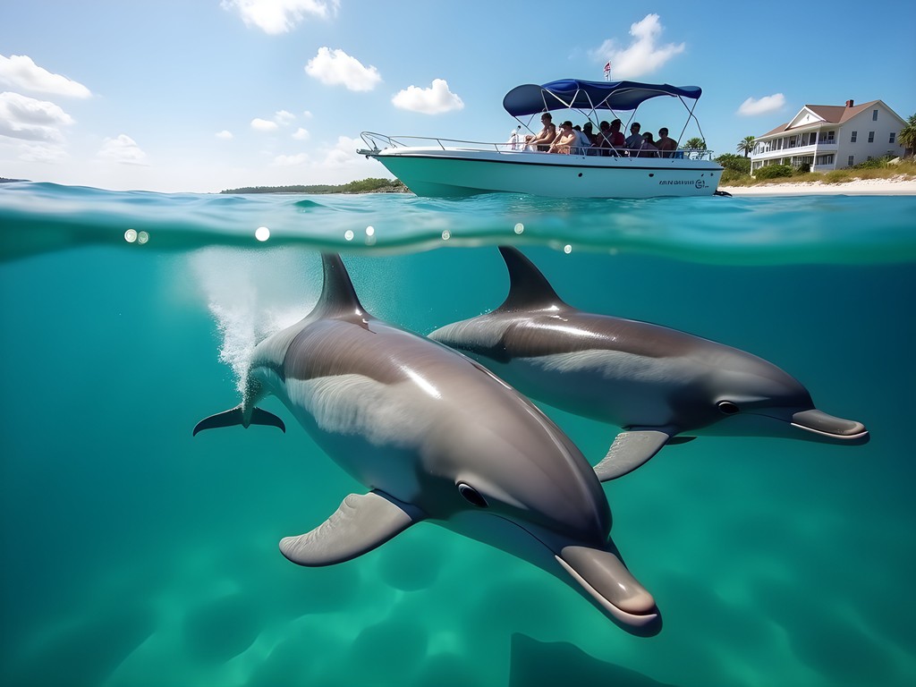 Dolphins swimming alongside a small tour boat in Hilton Head waters