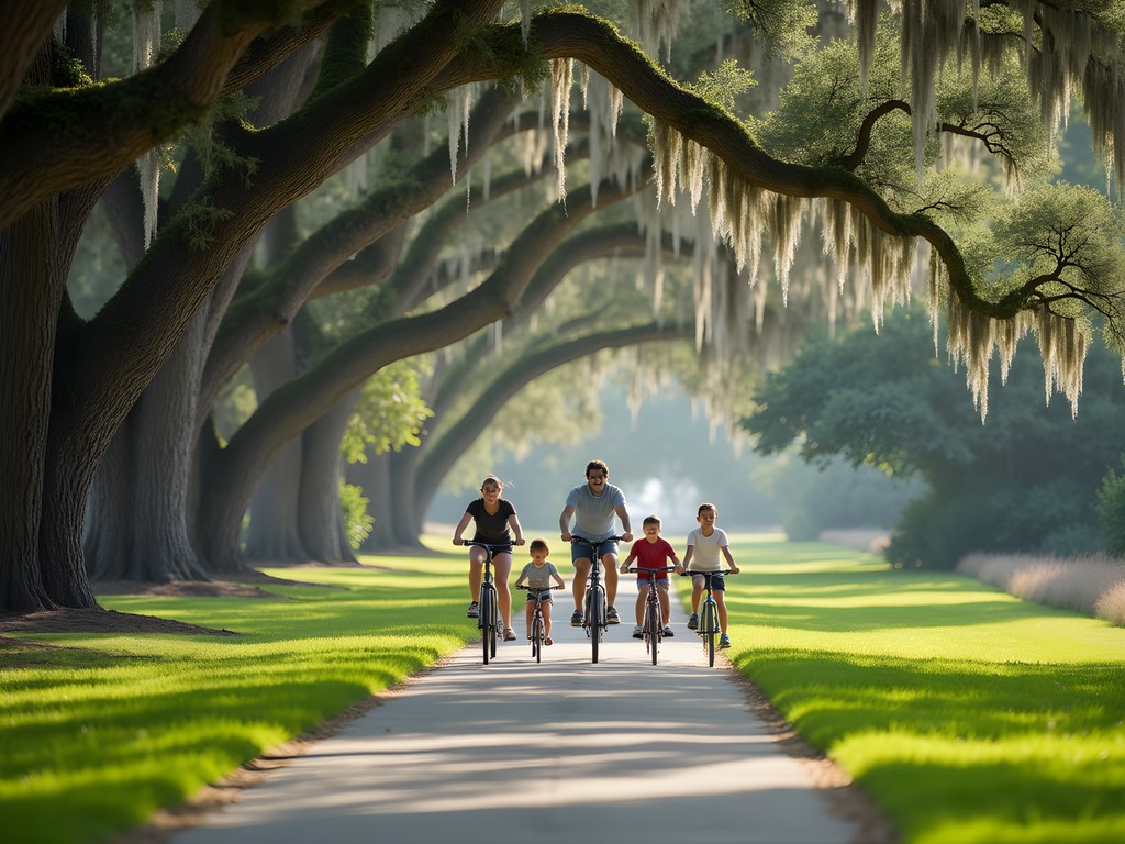 Family biking on Hilton Head's shaded trails with Spanish moss overhead