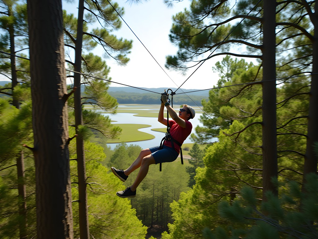 Person zip-lining through forest canopy in Hilton Head with views of marshland below